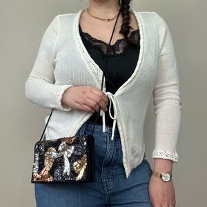 Carla Marchi Bow Sequin Embellished Black Crossbody Bag